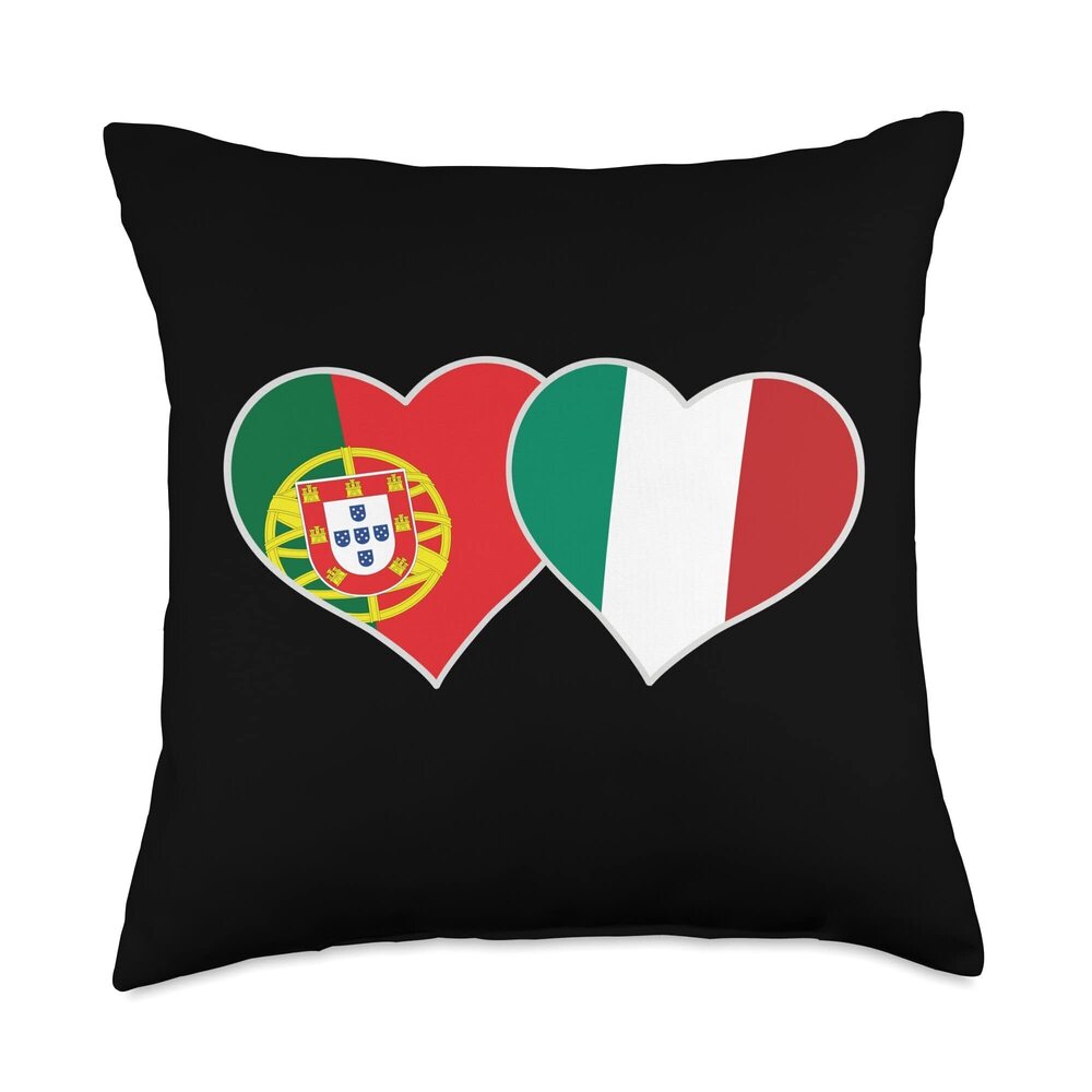 7322 Portuguese Italian Flag Hearts Love Portugal Italy Throw Pillow